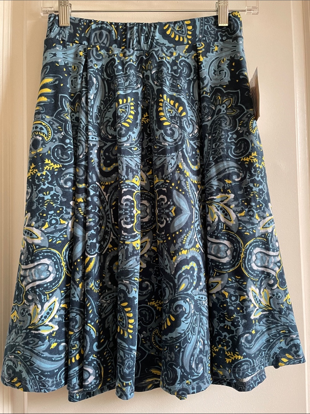 LuLaRoe Madison Paisley Skater Skirt in Blue & Yellow